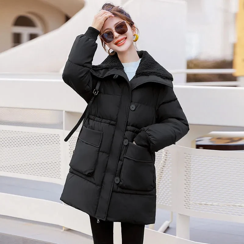 

2023 Winter New Lamb Feather Down Cotton-Padded Jacket Women's Overcoat Fashion Loose Thick Warm Parker Coat Pocket Lace-Up Coat