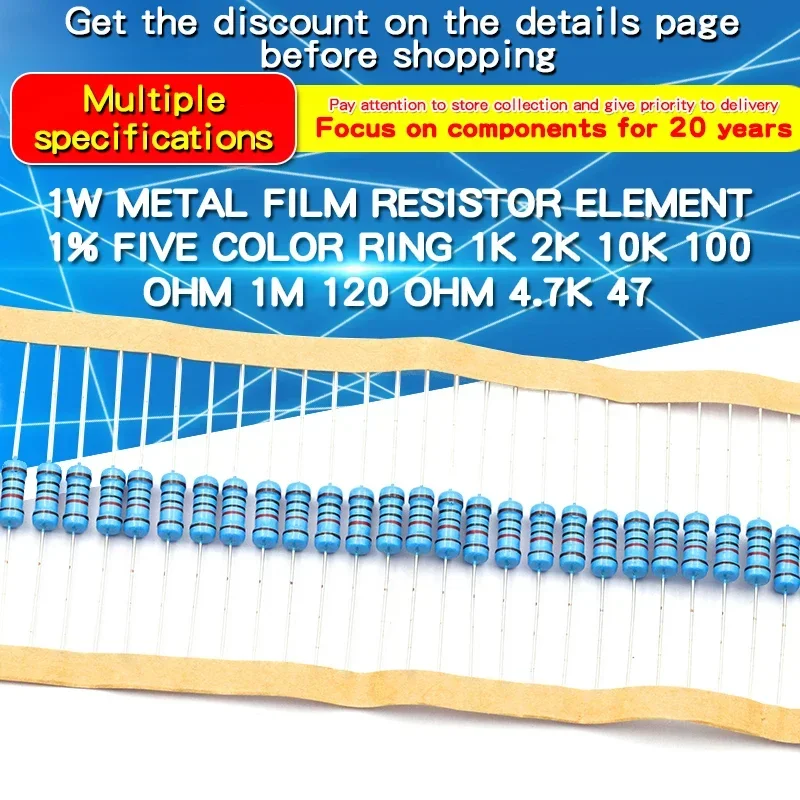 Metal Film Resistors 20PCS 1W 1% 0.24&Omega;~2.2M&Omega; 1 10 47 100 200 220 300 470 910 1k 4.7k 10k 20k 47k 100k 220K 330K 470K 910k 1M ohm