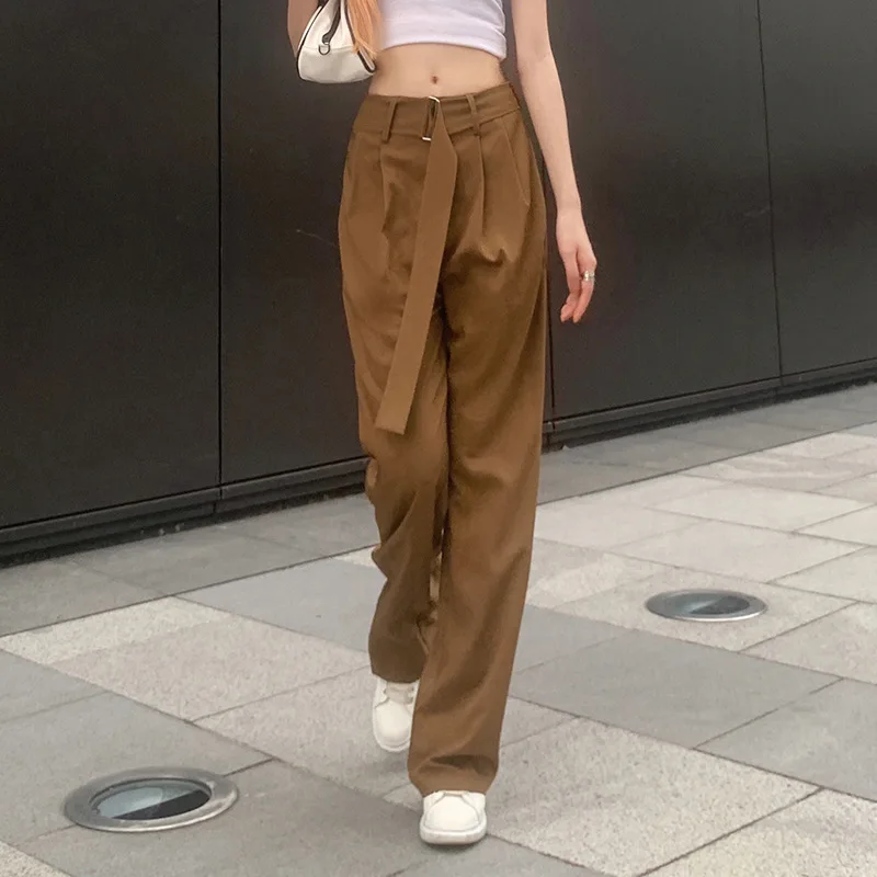 

2021 Suit Pants Women High Waist Casual Pants Loose Straight Wide Leg Suit Pants Black Full Length Trousers Ladies