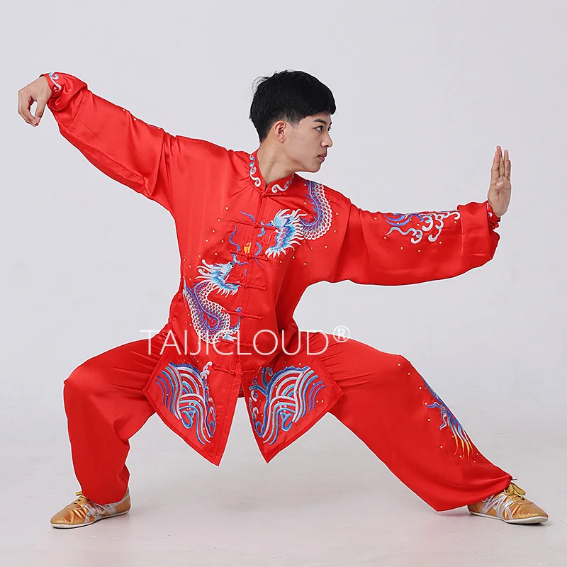 Haftowany garnitur Tai Chi do ćwiczeń, męski złoty haftowany kombinezon Tai Chi, jedwabny smok tour po świecie