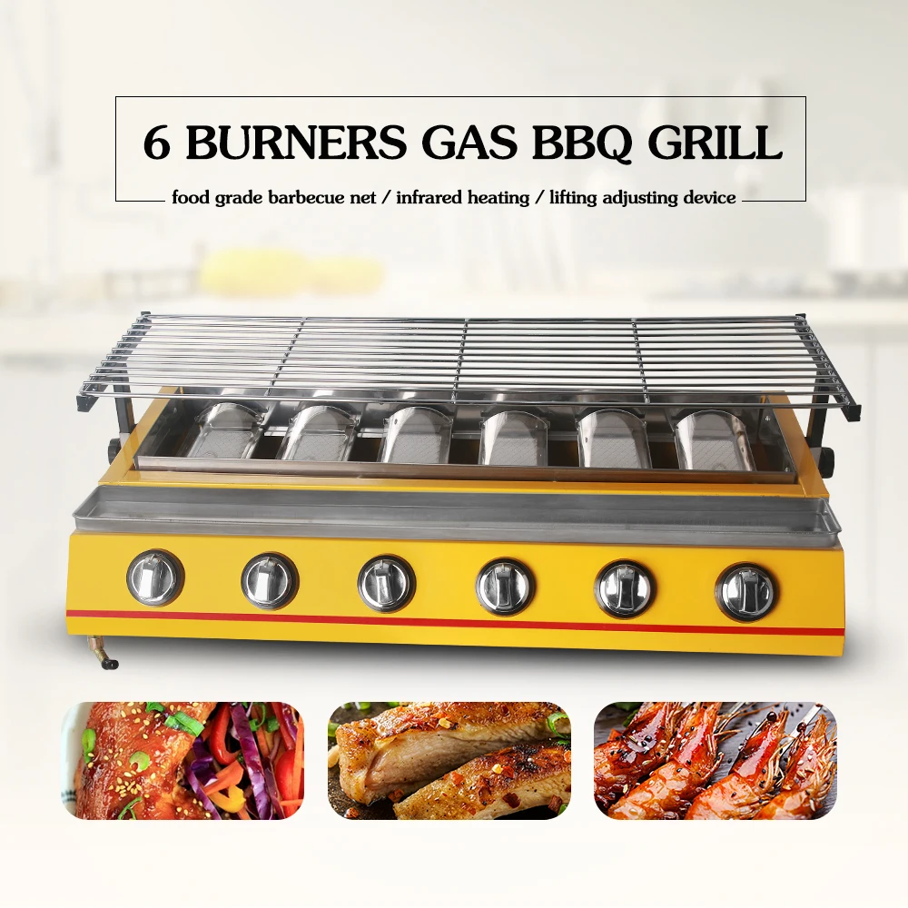 GZZT 6 Burners BBQ Gas Grill Gas Roaster Liquefied Petroleum Gas Oven Outdoor Stall Barbecue Tool Oil-proof Smoke-free BBQ Maker industrial grade liquid petroleum gas blowtorch burner flamethrower 35mm heating double switch garden outdoor weed control torch