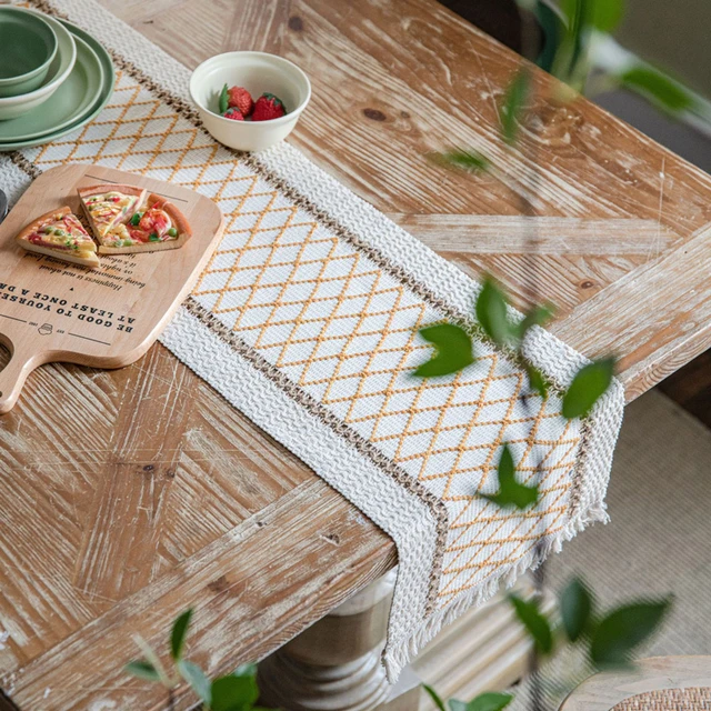 Chemin de table en macramé, coton et lin naturel, décoration de