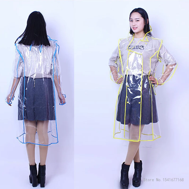 Waterproof Transparent Plastic Long Raincoats for Women and Men, Rain Coat, Hooded Jackets with Belt, EVA, Clear, Fashion, 1Pc
