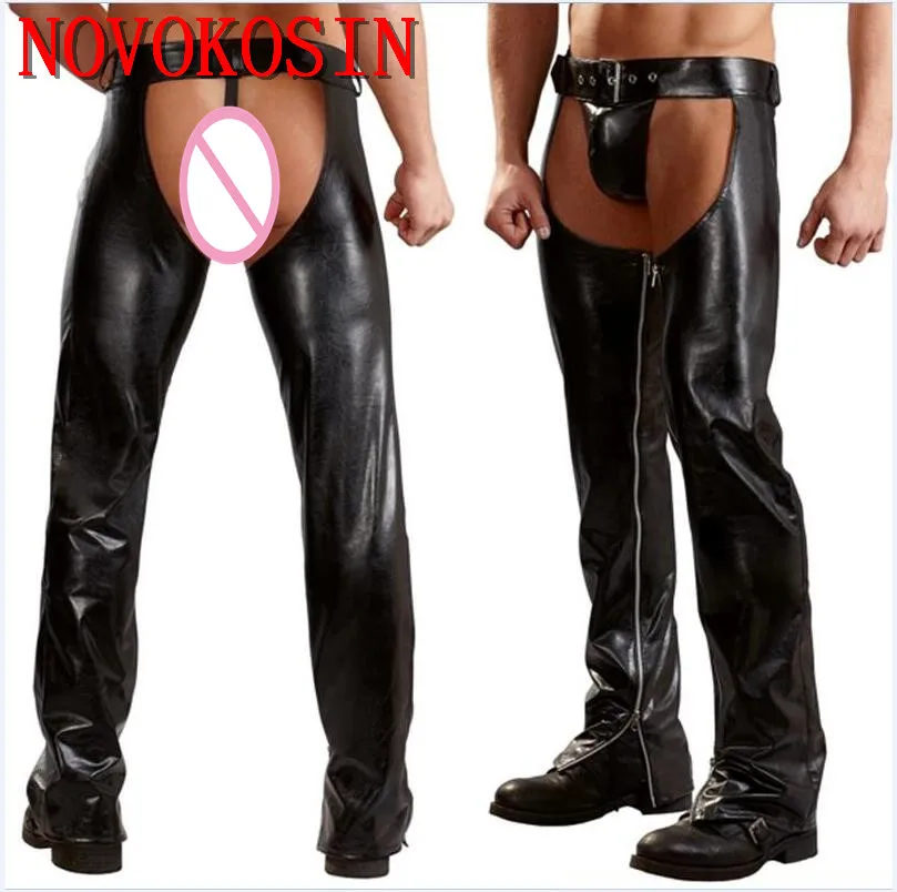 

M-2XL Men Open Crotch Gothic Penis Package Gay Plus Size PU Belt Buckle Style Waist Faux Leather Night Club DS Sexy Long Pants