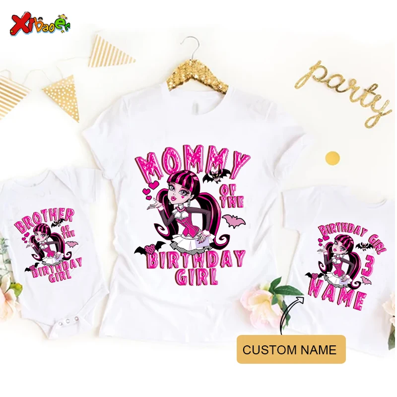 thumbnail image 4 of Camiseta de cumpleaños familiar para niña, conjuntos a juego para niños, fiesta de monstruos, nombre personalizado, apariencia familiar, ropa a juego para bebé, mamá e hija, 4 of 5