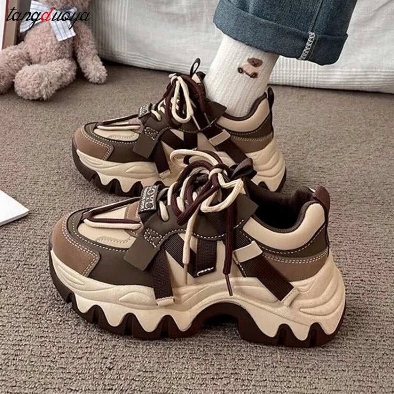 platform sneakers Women's Chunky Sneakers Black brown Platform Tennis Shoes  for Women Thick Bottom Breathable Sports Dad Shoes - AliExpress