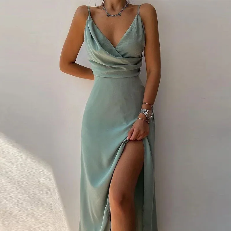Sexy Deep V Neck Paghetti Strap High Waist Dress For Women Elegant Big Hem High Split Folds Long Dresses 2024 Summer New Lady