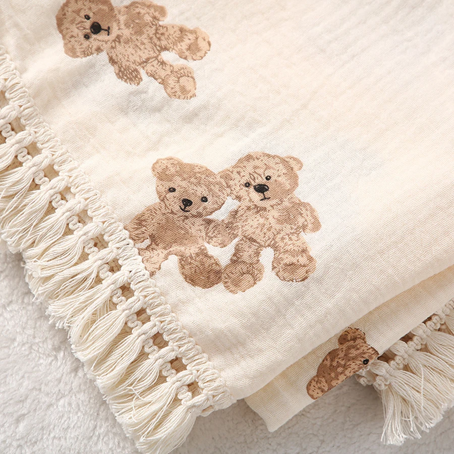 Baby Swaddle Blanket Pure Cotton Muslin Wrap Newborn Stroller Cover Soft Breathable Crib Bedding with Tassel - 5