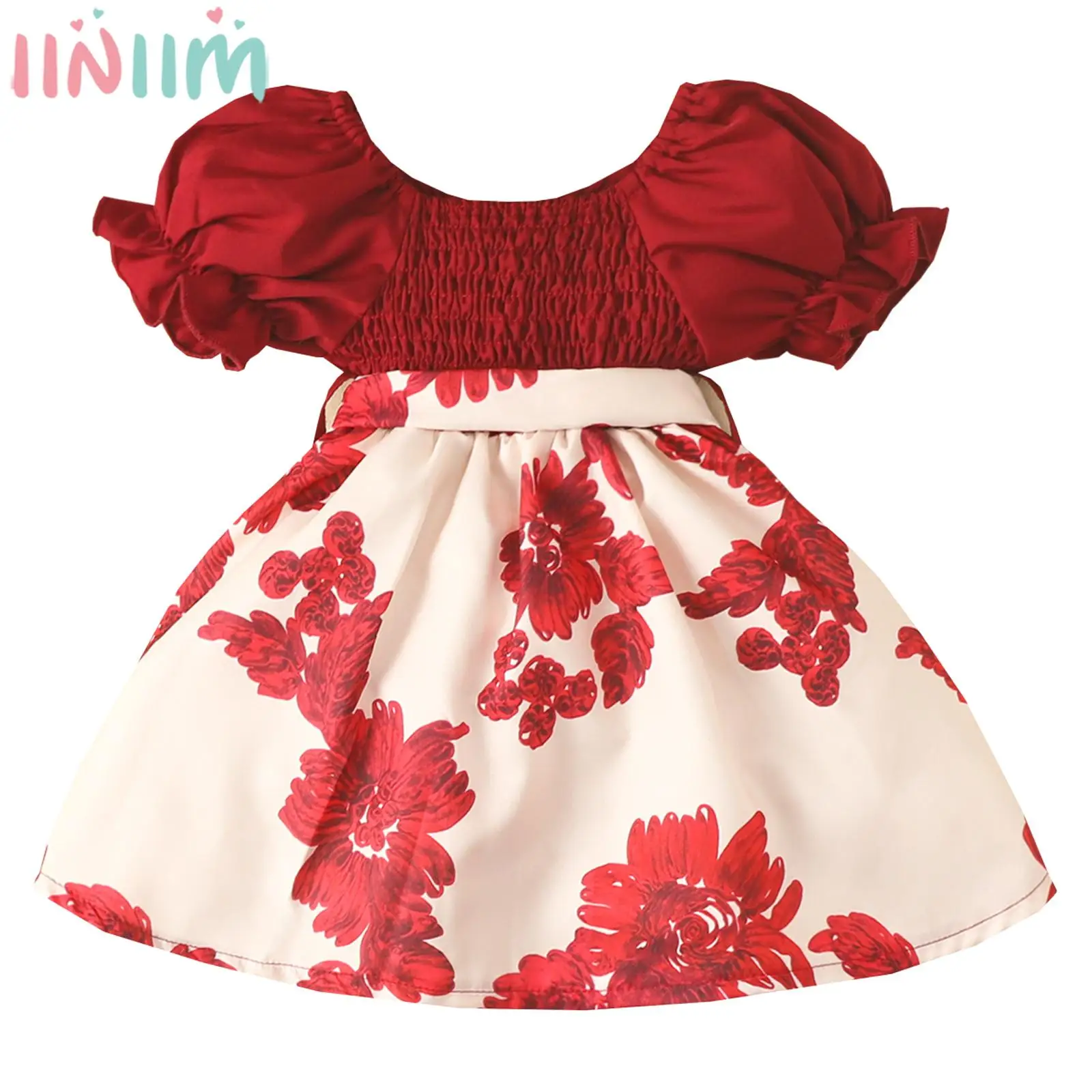 

Kid Girls Cute Casual Princess Dress Short Sleeve Ruched Floral Print Preppy Style Dresses for Wedding Birthday Party Daily Wear