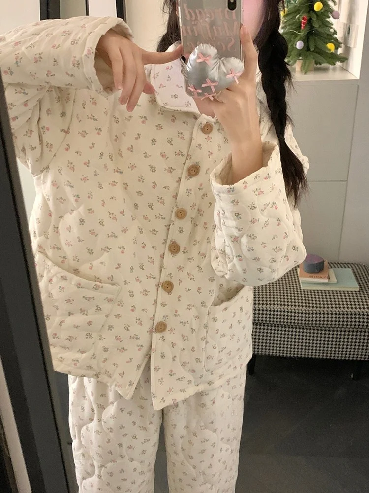 Thiened Cotton Spwear Set for Women Winter Sweet Floral Print Long Sve Long Pants Home Clothes Warmth Guaranteed