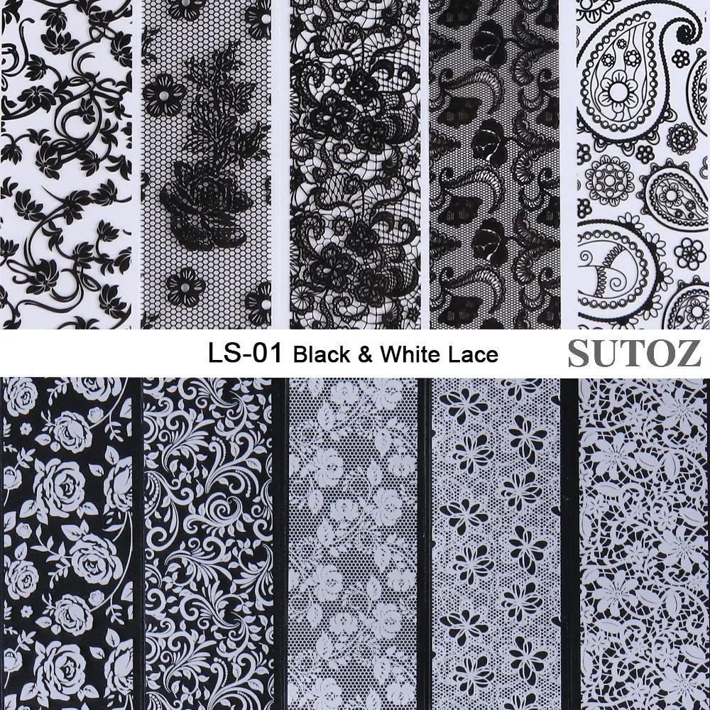 10pcs Black White Lace Nail Stickers Floral Transfer Holographic French Flowers Decals Art Manicure Decoration NLLS-01