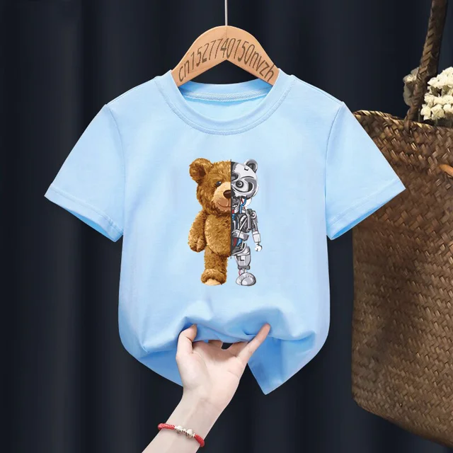 Funny Mechanical Bear Print Red Kid T-shirts Children Baby Black Harajuku Kawaii Clothes Boy Girl Tops Gift Present ,Drop Ship sky blue