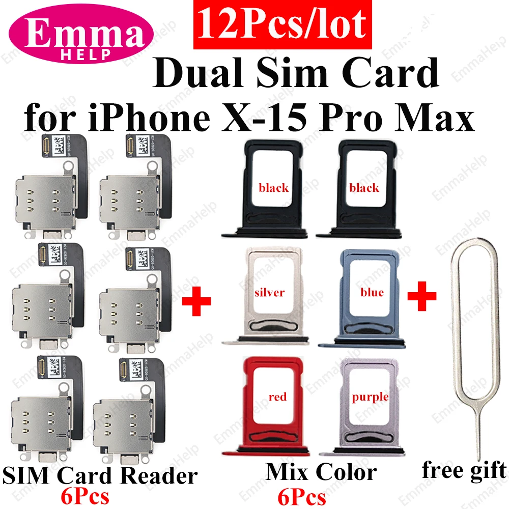 EmmaHelp 12pcs Dual Sim Card Reader Flex Cable + Tray Slot for iPhone 15 Plus 13 12 11 14 Pro Max XR XS Connector Holder Adapter