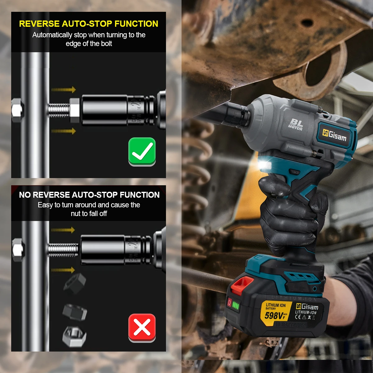 Gisam 2000N.M Torque Brushless Electric Impact Wrench 1/2 inch Screwdriver Cordless Wrench Power Tools For Makita 18V Battery 3