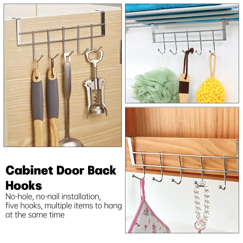 1pcs Stainless Steel Cabinet Hook No Punching 5-Hook Multifunctional Towel Coat Hanger Rack Durable Bathroom Kitchen Organizer