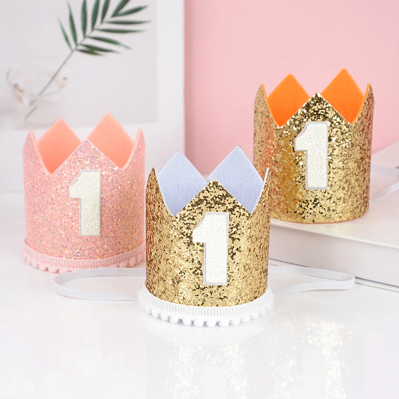 Baby 1st Birthday Party Hat Princess Crown Glitter Headband Kids Baby Boy Girl One Year Birthday Decoration Supplies Photo Props