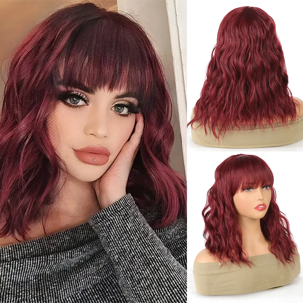 

Short water wave curls 13-14 inches long with bangs are suitable for all women.