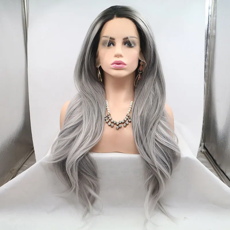 

Bombshell Black Roots Ombre Grey Straight Synthetic 13X4 Lace Front Wigs Glueless High Quality Heat Resistant Fiber For Women