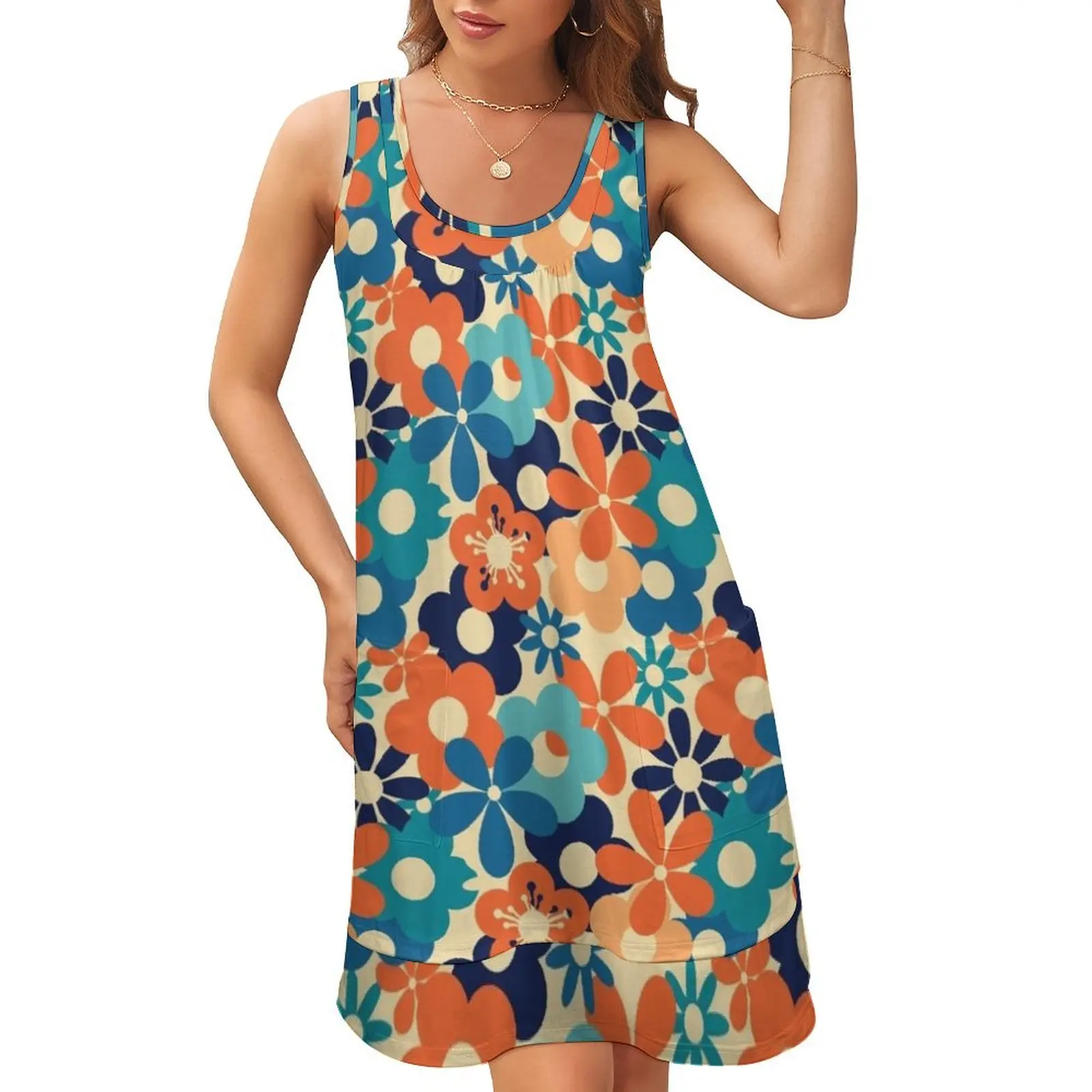 

Classic 1970s Colors Flower Power Seamless Pattern Print Sleeveless U-Neck Fake Two Piece Dress Women's dresses