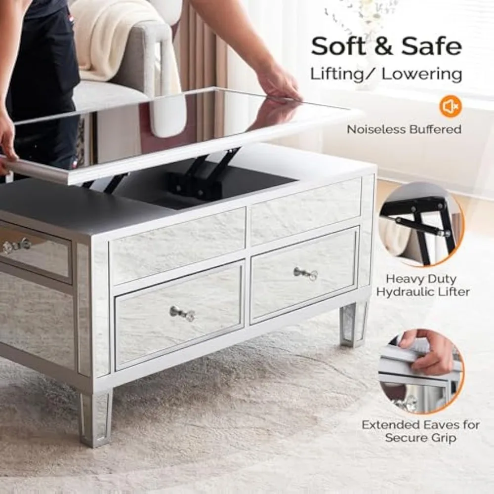 Mirrored Lift Top Coffee Table, Assembled Modern Coffee Table with Drawers for Living Room (Silver, 35'' x 19'' x 18'') 4