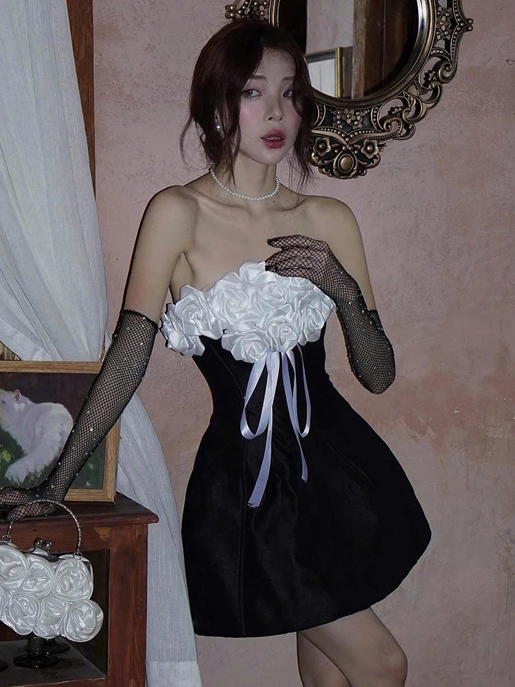 Nibber Fashion Rose Applique Dress Women Sexy Sleeveless Bandages Stretch Luxury Banquet Birthday Party Elegant Mini Bodycon