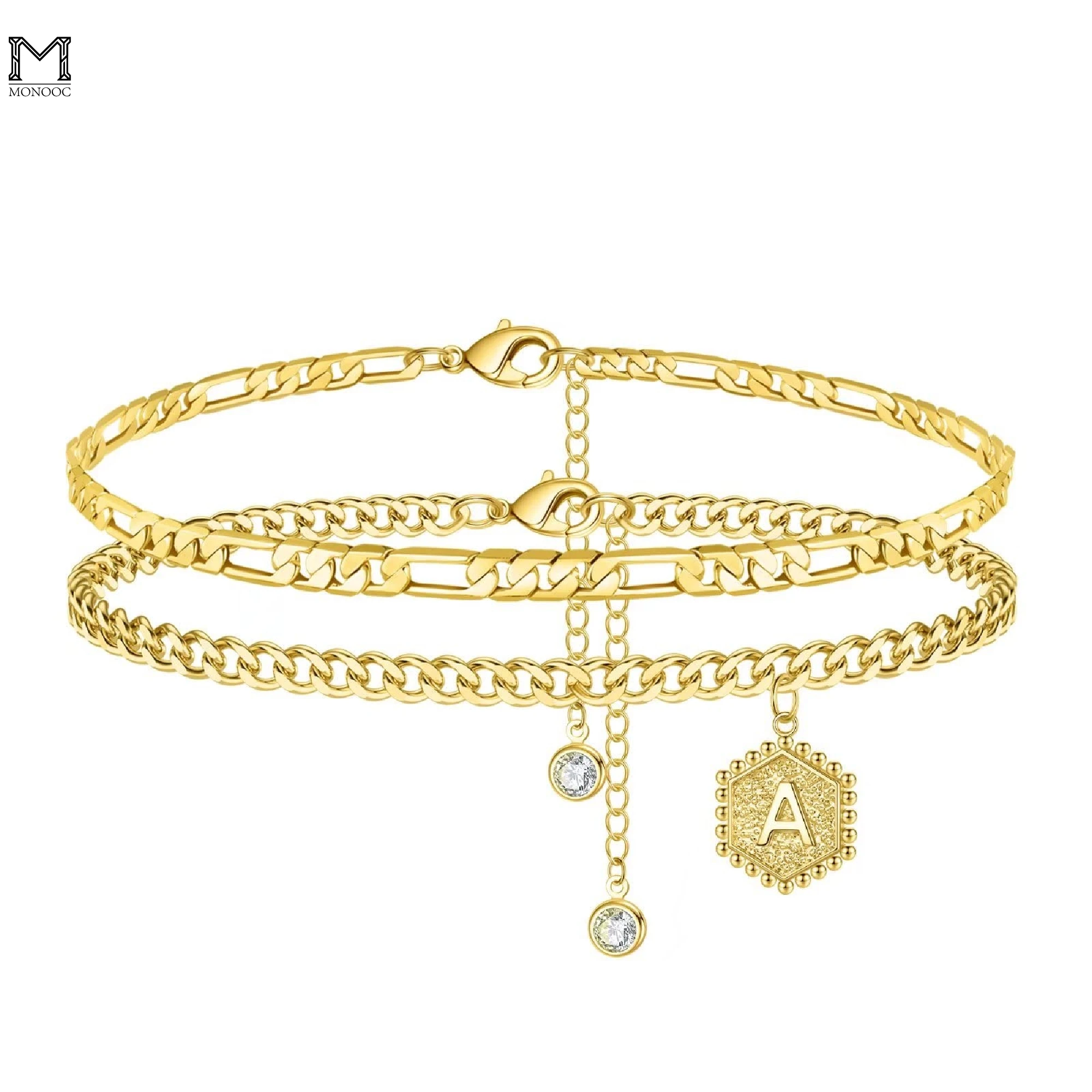 Monooc Initial Ankle Bracelet For Women, 14k Gold Plated Handmade