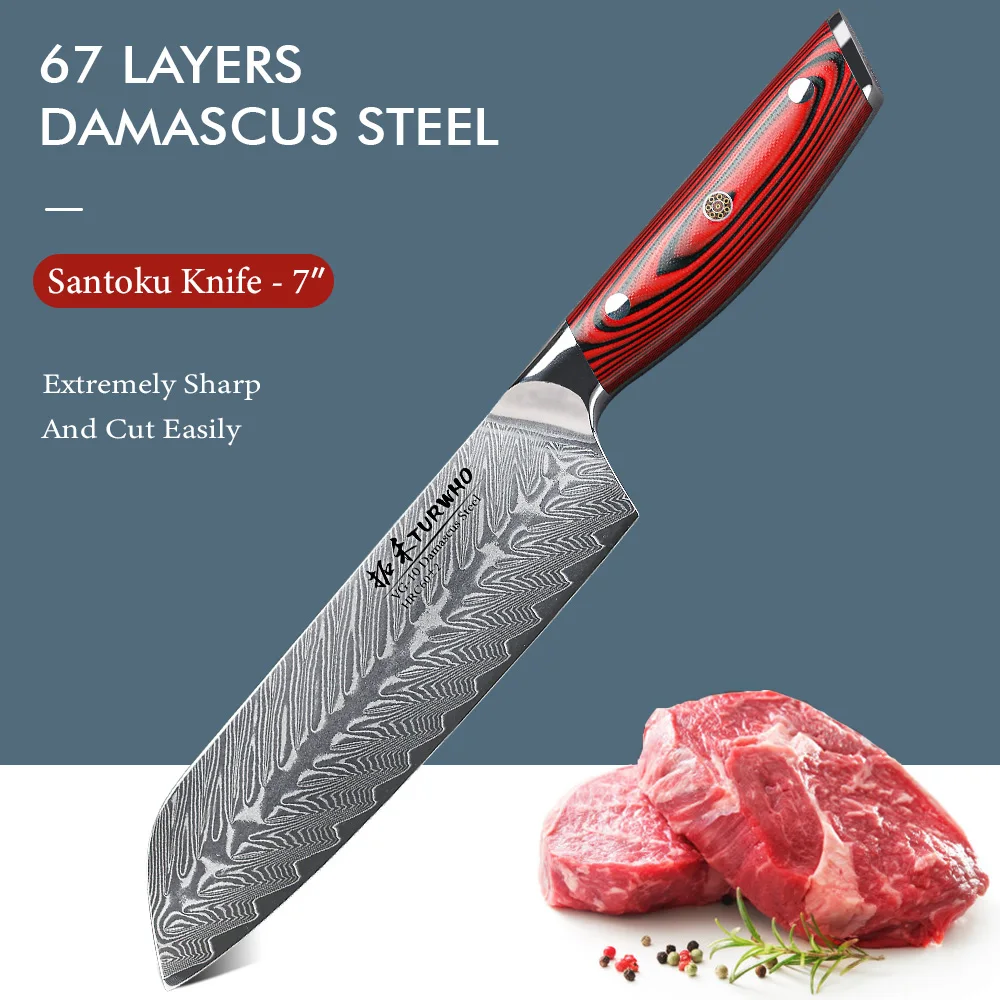 

TURWHO 7 Inch Santoku Knife 67 Layer Damascus Steel Sharp Blade Chef Cleaver Beef Vegetable Knife Kitchen Tools Red G10 Handle