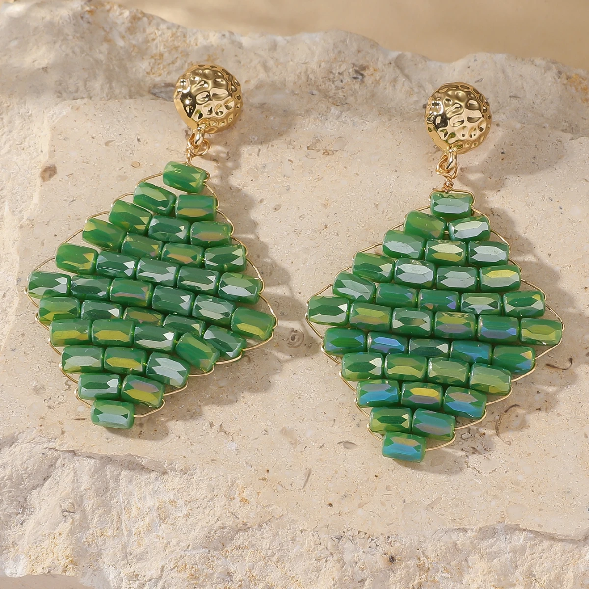 Boho Elegant Geometric Crystal Beads Earrings for Women Ladies Handmade Trendy Metal Drop Earrings Summer Party Jewelry Gifts