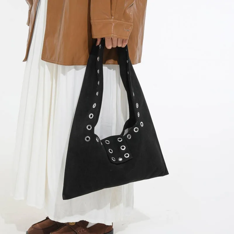 Retro Faux Suede Rivet Tote Bag Large Work Purses Slouchy Tote Handbag Locomotive for Women Travel Winter Fall