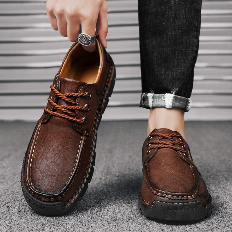 New Leather Men's Hiking Shoes Lace-up Man Light Flats Comfortable Outdoor Driving Flats Fashion Stylish Casual Shoes for Men 3