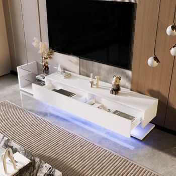 Mobile TV bianco lungo 170 cm con finitura lucida, illuminazione a LED, mobili per televisione a bordo basso montati a parete 1