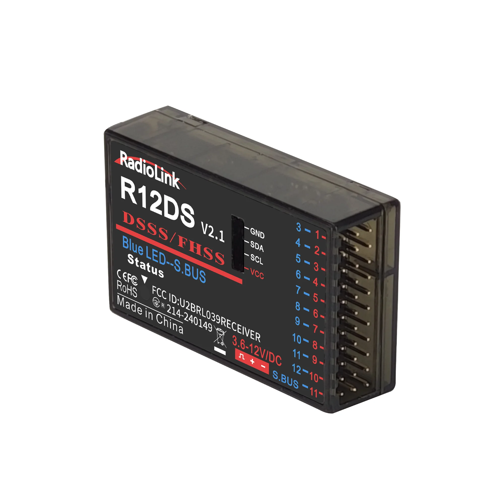 Détail des ports de télémétrie du récepteur RadioLink R12DS, idéal pour le contrôle de drone ou avion RC.