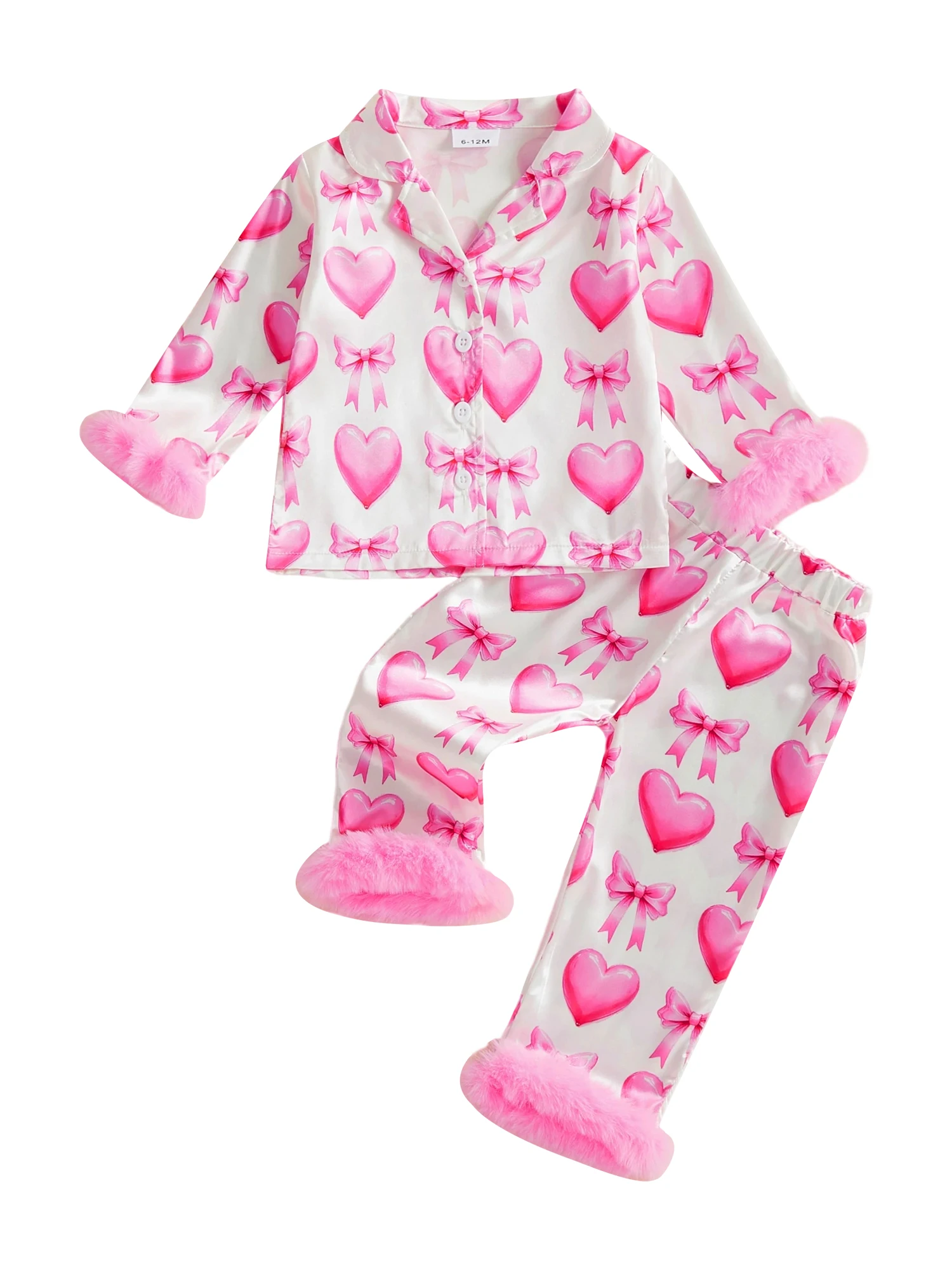 Romantic Valentine s Day Women s Satin Pajama Set with Heart Print Long Sleeve Top and Elastic Waist Pants for Cozy Sleepwear