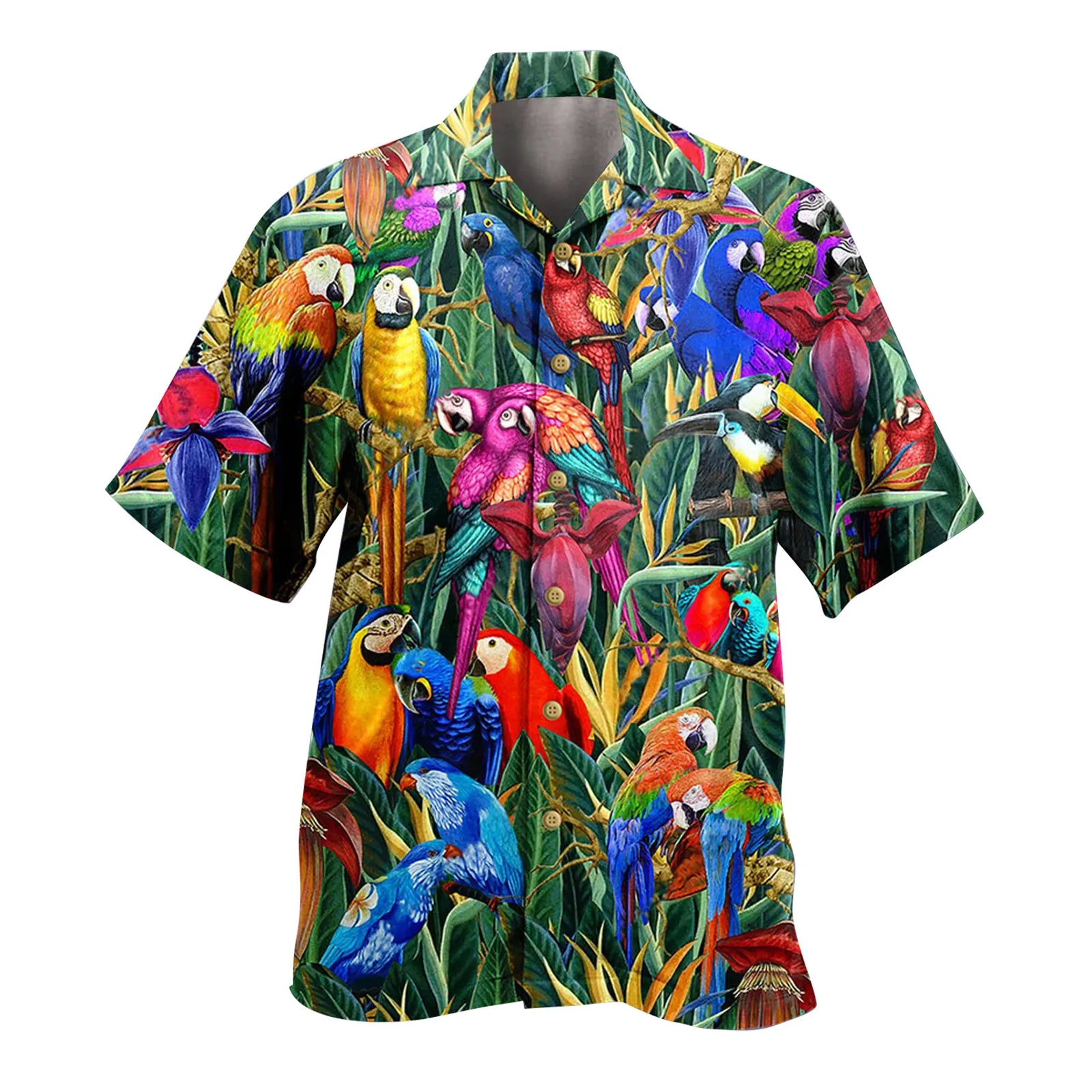 

Hawaiian Parrot Print Shirt Lapel Collar Shirts Short Sleeve Button Shirts For Men Breathable Camisas Blusas Vacation Tops 2023