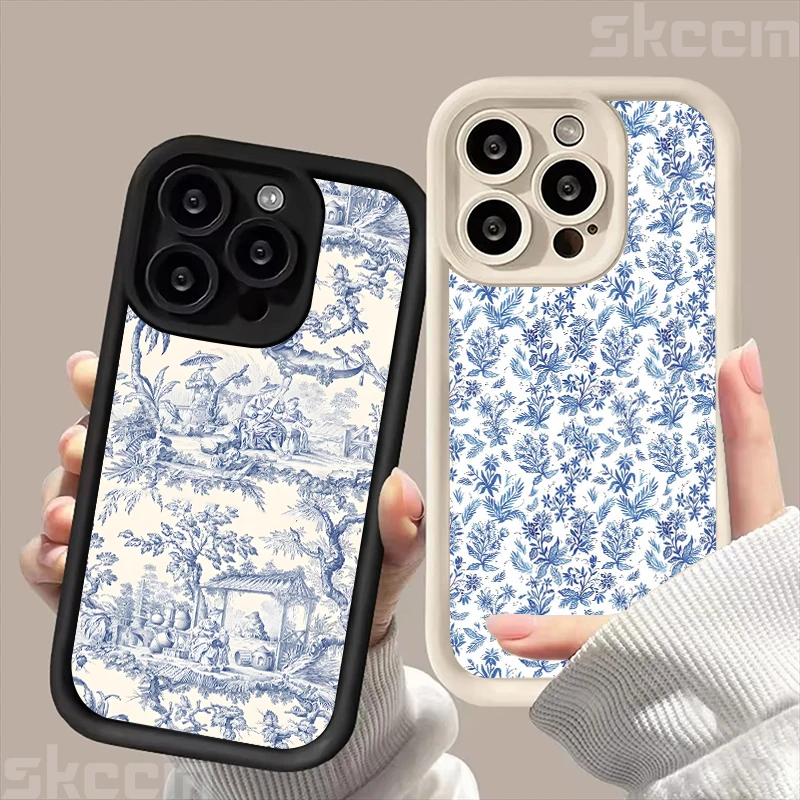 Blue Retro Tea Break and Flower Pattern Silicone Phone Case