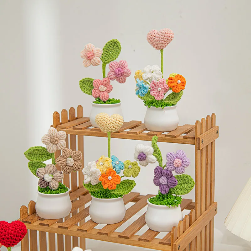 Fleurs Artificielles Crochetées - Tournesol Et Double Pompon En Laine - Décoration Maison Ou Bureau Sans Entretien - Tiges Ajustables