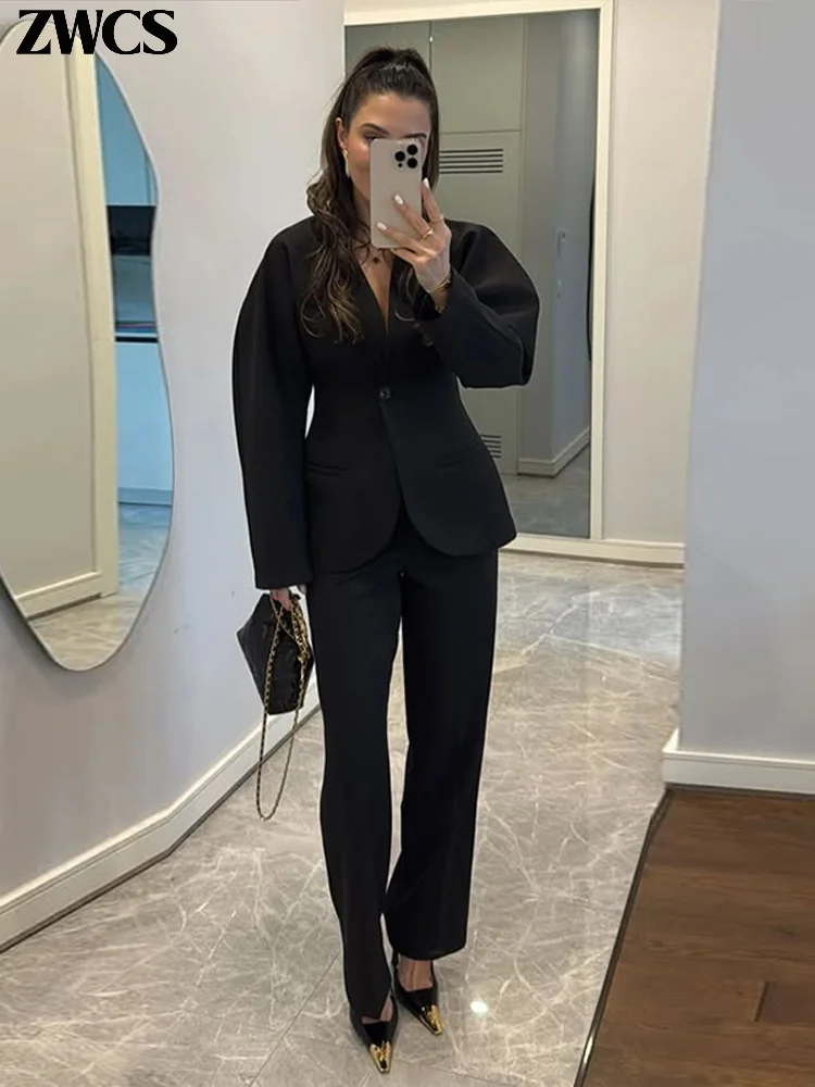 Blazer eleganti con scollo a V Cappotto Pantaloni Set Donna Solido Abito con bottone singolo Cappotti Pantaloni lunghi dritti 2025 Autunno Office Lady Outfit 4