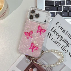 Rhinestone Butterfly Wrist Strap Case with Laser Shell Pattern and Lens Frame - iPhone 15 Plus (A01)