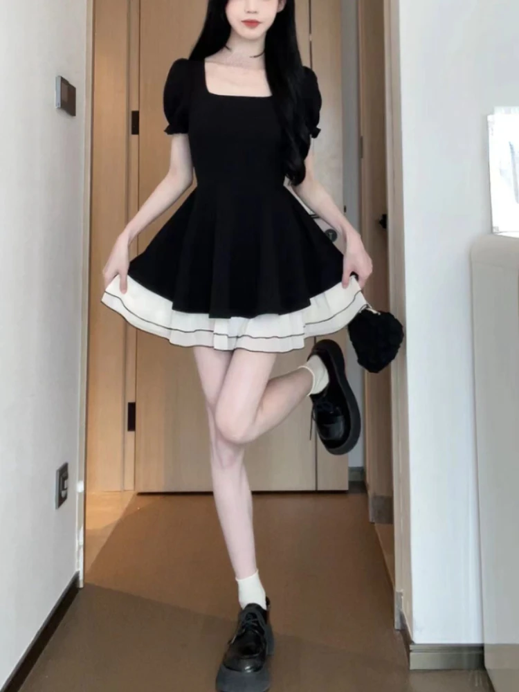 

Korean Casual Black Mini Dress Women Elegant Short Even Party Dress Beach One Piece Dress Japanese Short Sleeve 2024 Summer