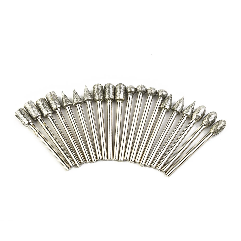 

20 Pc 3mm Shank Diamond Burr Grinding Head Stone Carving Drill Bits For Rotary Tool Electric Grinding Heads Needle Tool