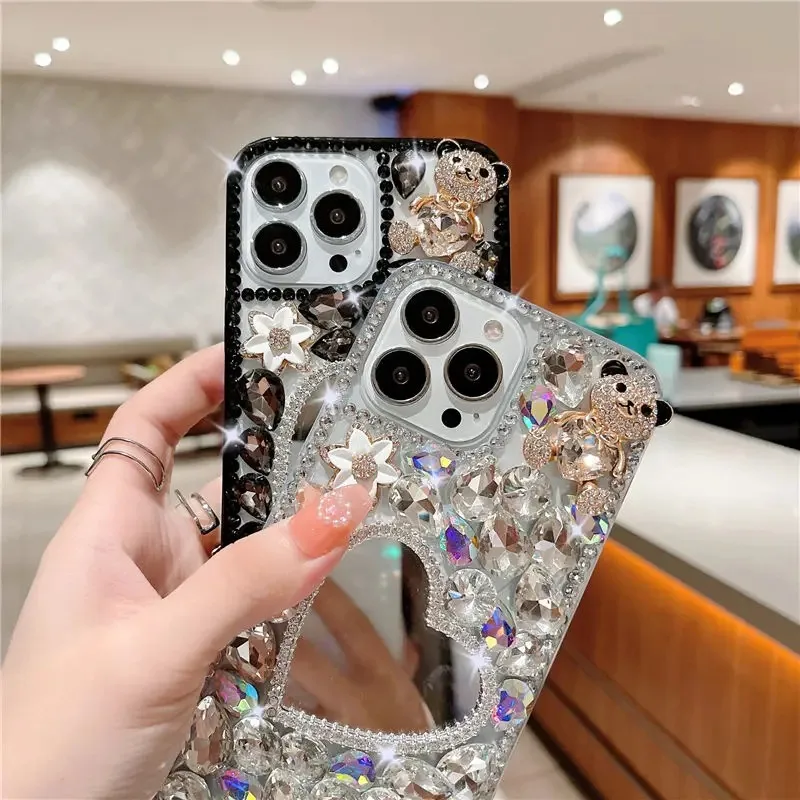 Luxury Women Girls Diamond Makeup Mirror Back Cover for Huawei P50Pro P40 Mate30 for Honor 9X 50 60Pro Shockproof Phone Case