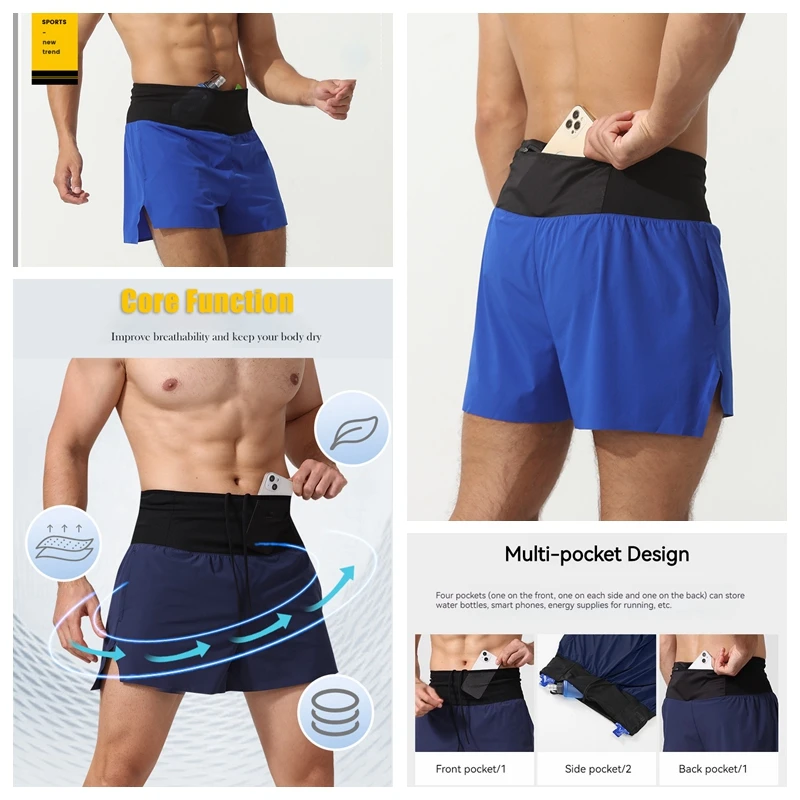 Running Shorts Men 2 In 1 Quick Dry Workout Training Fitness Jogging Multi-Pocket Gym Sports Shorts with Waist Pouch(No Liner) 5