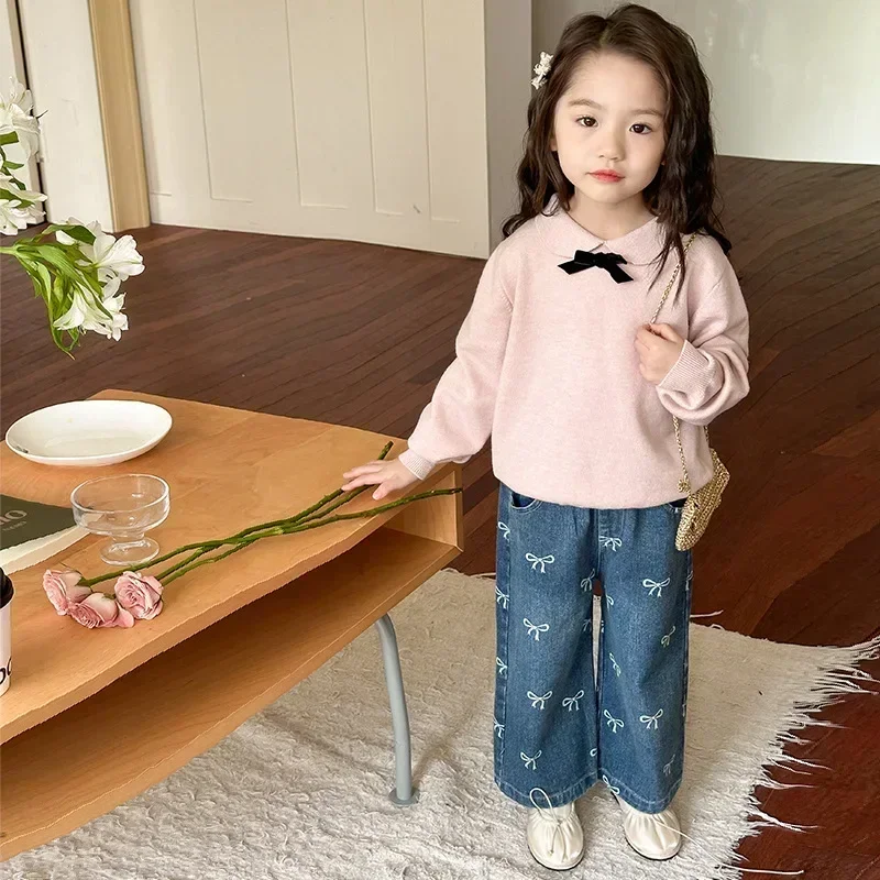 4626 Children Pant Spring and Autumn Korean Printed Bows Baby Girl's Jeans Straight Denim Pant 2