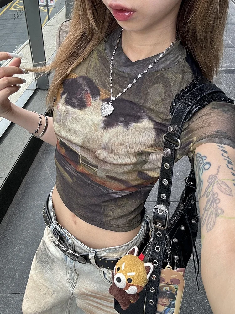 American Retro Hot Girl ort Sve T-irt Women's Summer New Sle ort Design  Print Street Sle Loose Fit Cotton Top