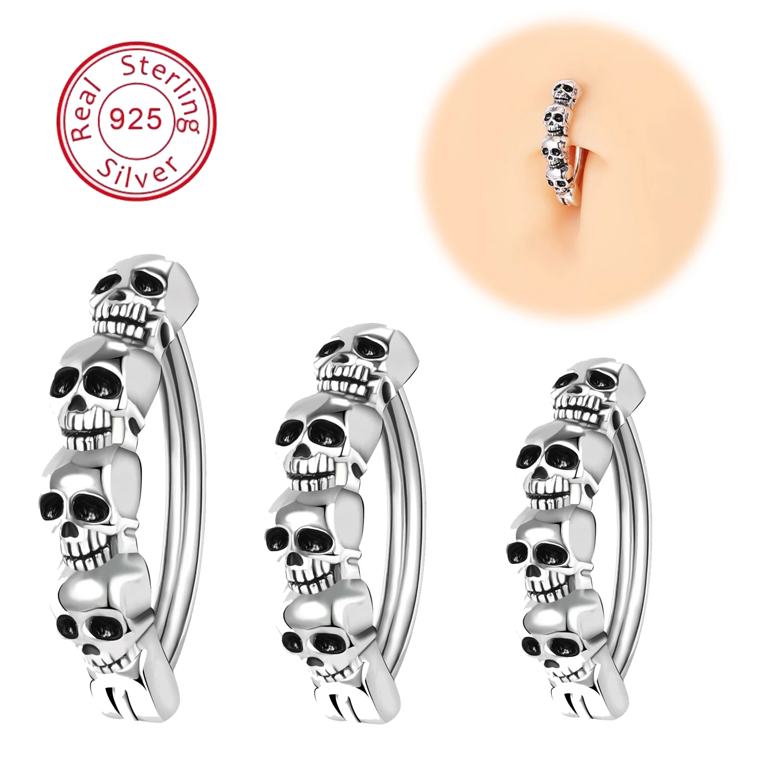 

ZS 1PC 14/16G Skull Belly Button Ring 925 Sterling Silver Navel Ring Reverse Curved Belly Button Clicker Punk Belly Piercing