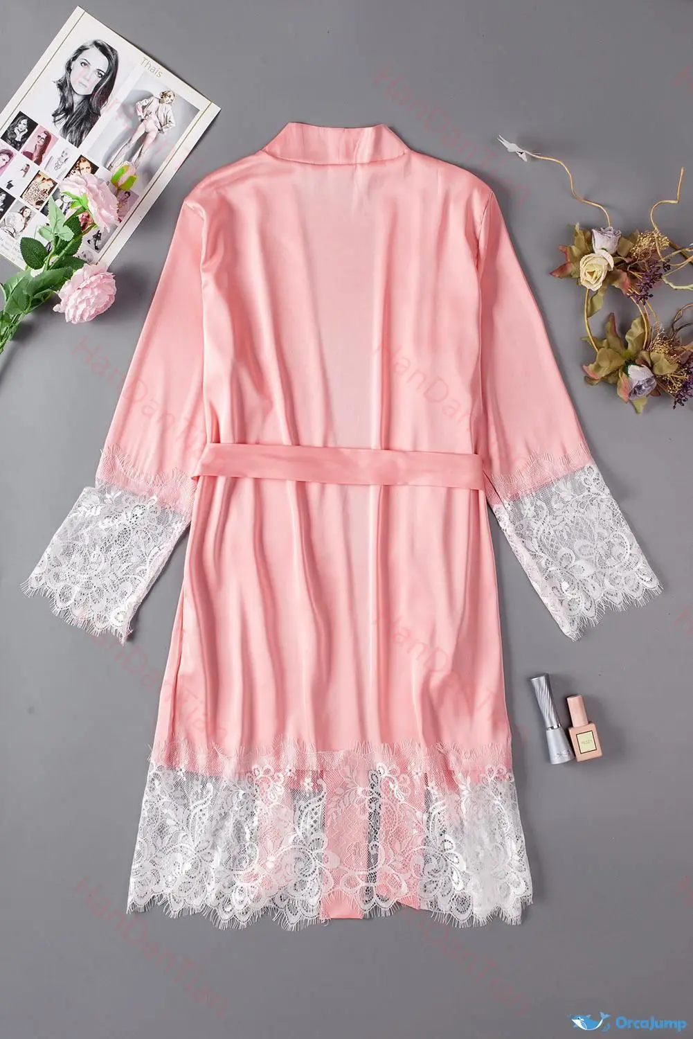 Silk Robe for women boudoir bridal robe wedding dress Pink Satin Kimono Robe With Lace Trims