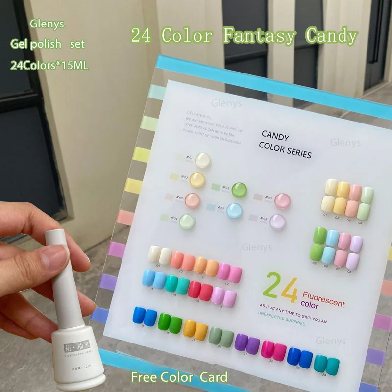 

Glenys 24 Color Dream Candy Color Nail Enamel UVLED Semi permanent Nude Soak gel Nail Shop Exclusive Nail Art Set Wholesale