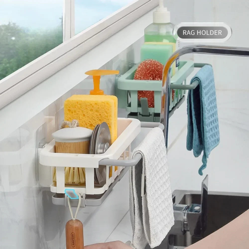 Telescopic Cloth Rack Kitchen Storage Non Perforated Storage Wall Mounted Seasoning Rack Household Drain Basket Sink