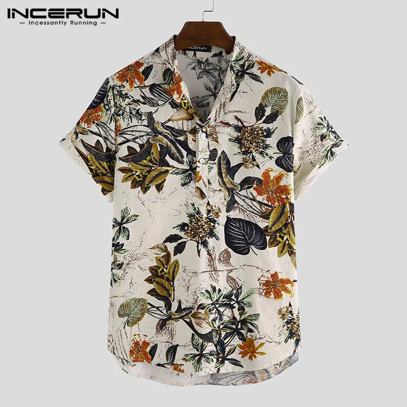 INCERUN 남성용 하와이안 셔츠 인쇄 반팔, 휴가 스탠드 칼라, 남성 의류, 스트리트웨어, 면 캐주얼 셔츠 S-3XL, 2024