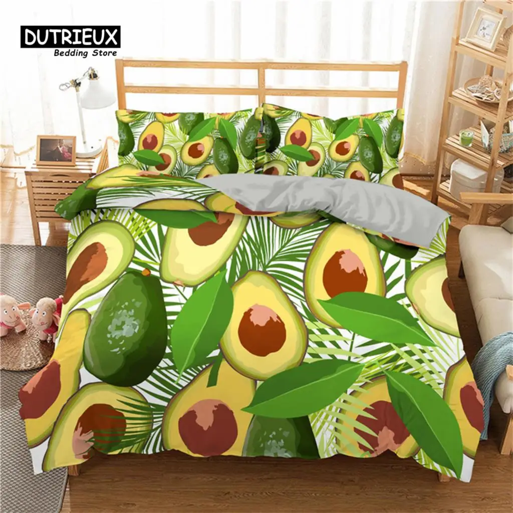 

Green Halved Avocado Pattern Duvet Cover Cartoon Funny Faces Avocado Bedding Set Twin King Microfiber Tropical Fruit Quilt Cover